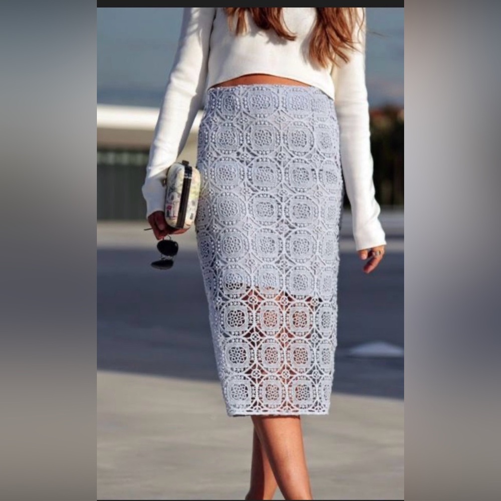 Zara Pastel Blue Midi Guipire Lace Pencil Skirt Small